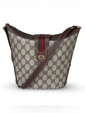 Gucci Brown GG Supreme Shoulder Bag/Bucket with Green-Red Web